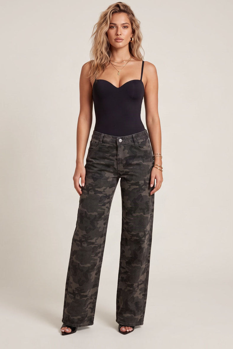 Dark Khaki Camo Print Mid Waist Straight Leg Jeans - Shantae
