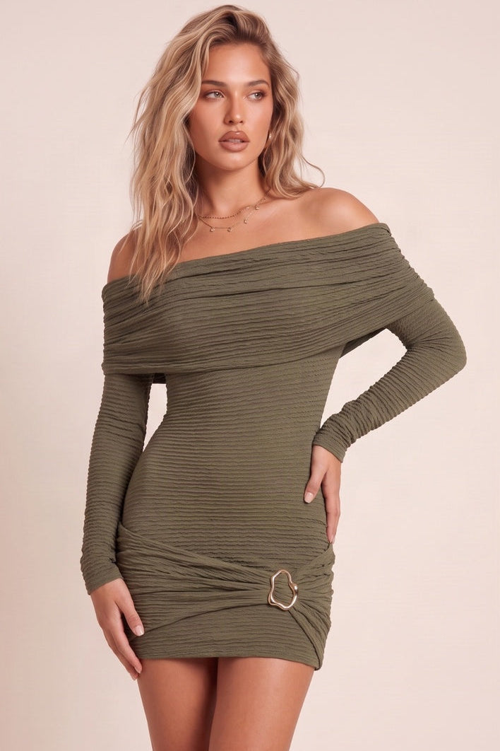 Khaki Off The Shoulder Trim Textured Mini Dress - Abbie