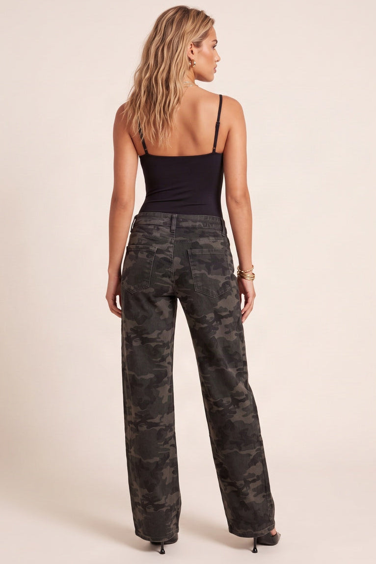 Dark Khaki Camo Print Mid Waist Straight Leg Jeans - Shantae