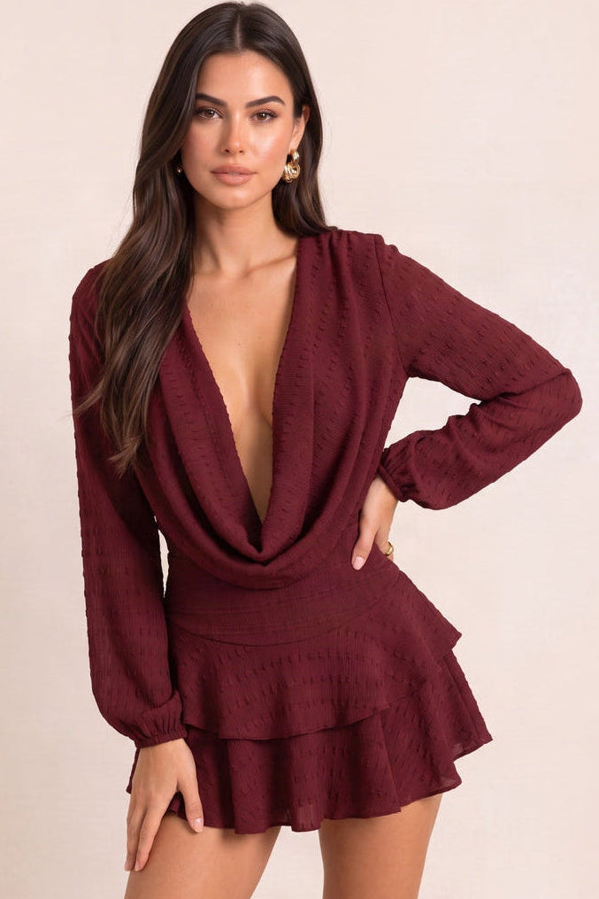 Wine Textured Long Sleeve Flippy Playsuit - Dolly