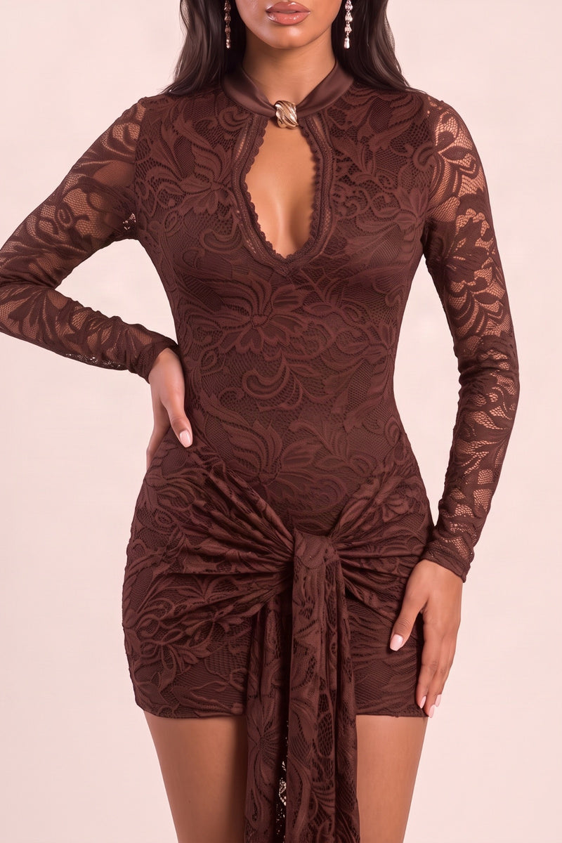Chocolate Lace Keyhole Cut Out Draped Mini Dress - Cesca