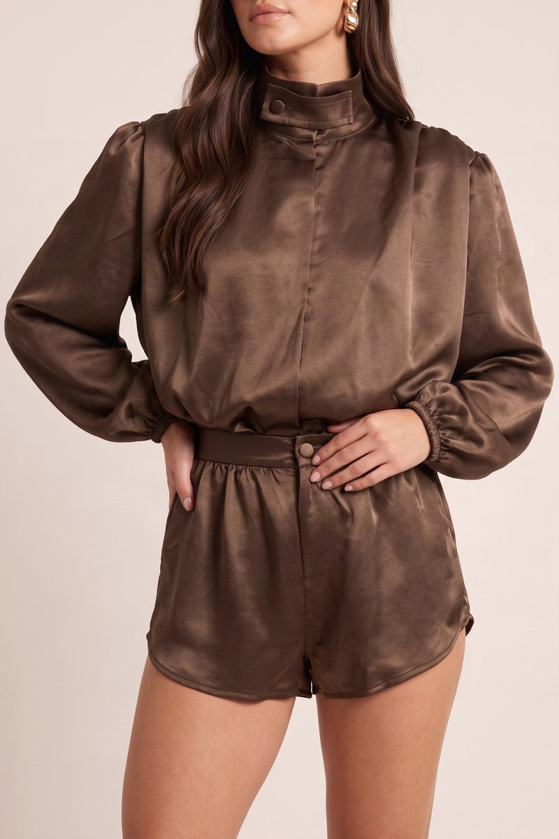 Chocolate Satin Shoulder Pad Playsuit - Juliane