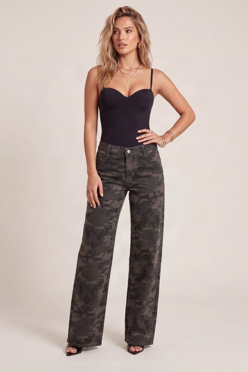 Dark Khaki Camo Print Mid Waist Straight Leg Jeans - Shantae