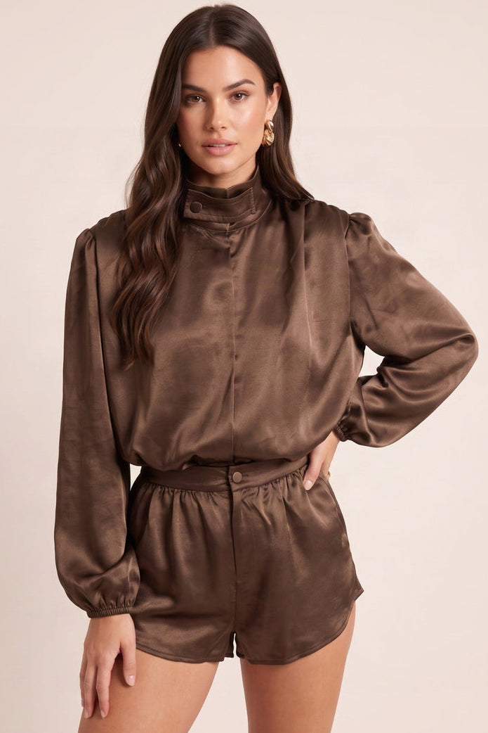 Chocolate Satin Shoulder Pad Playsuit - Juliane