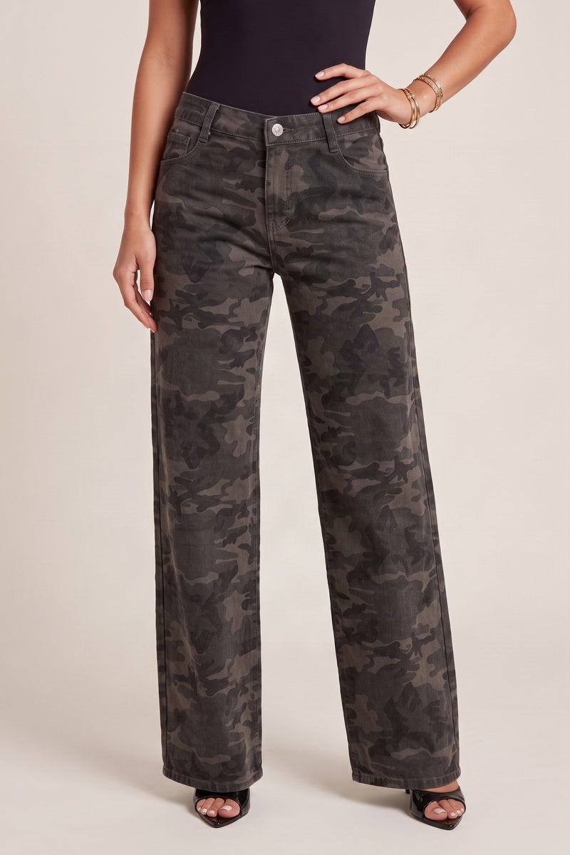 Dark Khaki Camo Print Mid Waist Straight Leg Jeans - Shantae