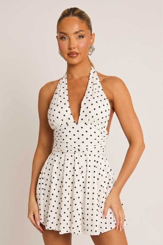 White Polka Dot Halter Plunge Neck Mini Dress - Pippa