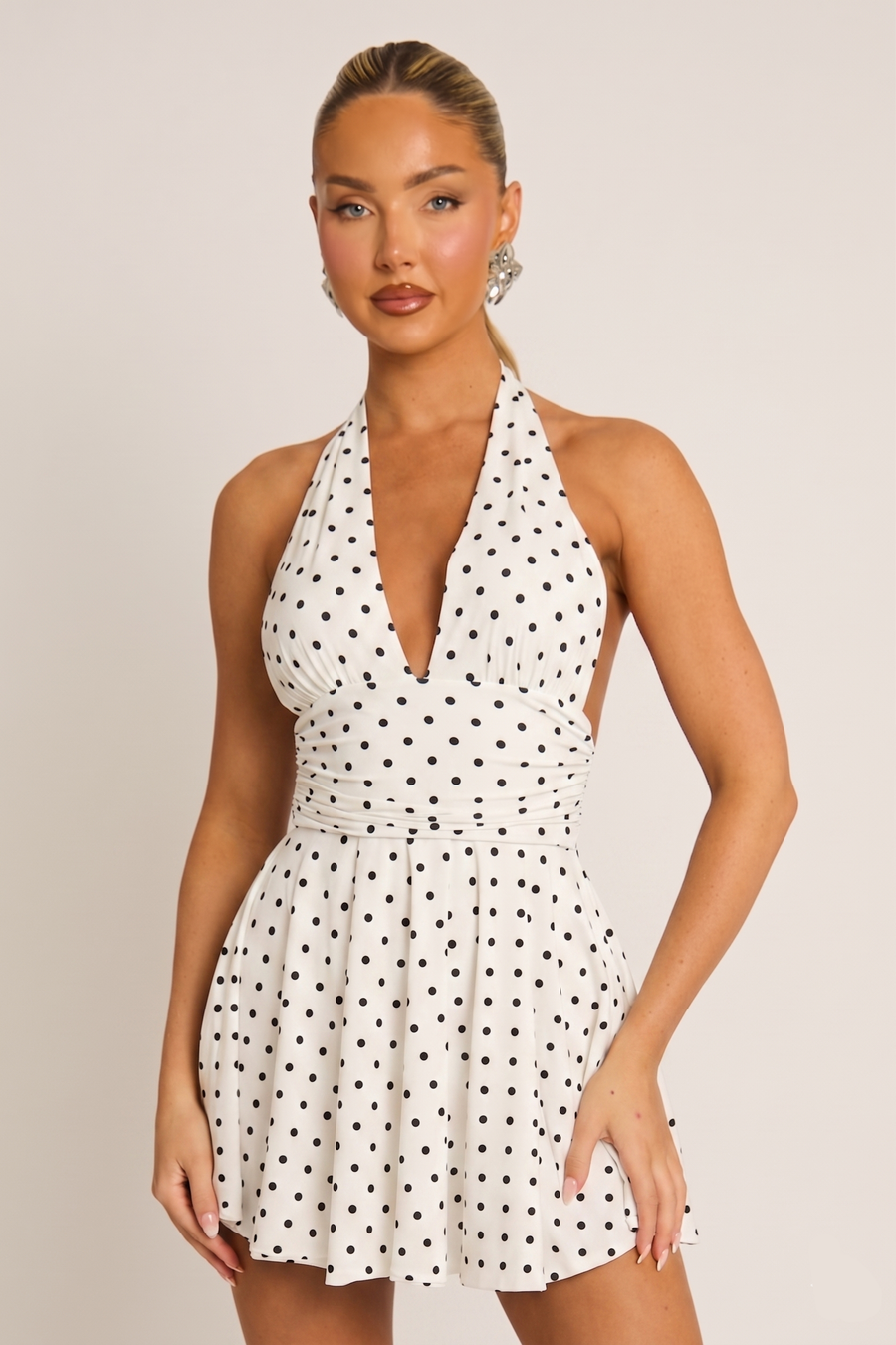 White Polka Dot Halter Plunge Neck Mini Dress - Pippa