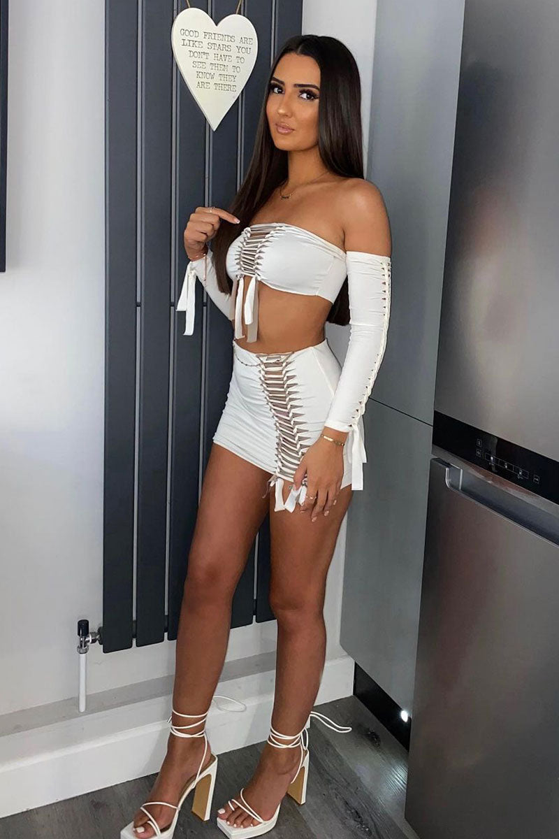 White Knot Detail Bandeau Cropped Top & Mini Skirt Set - Piu