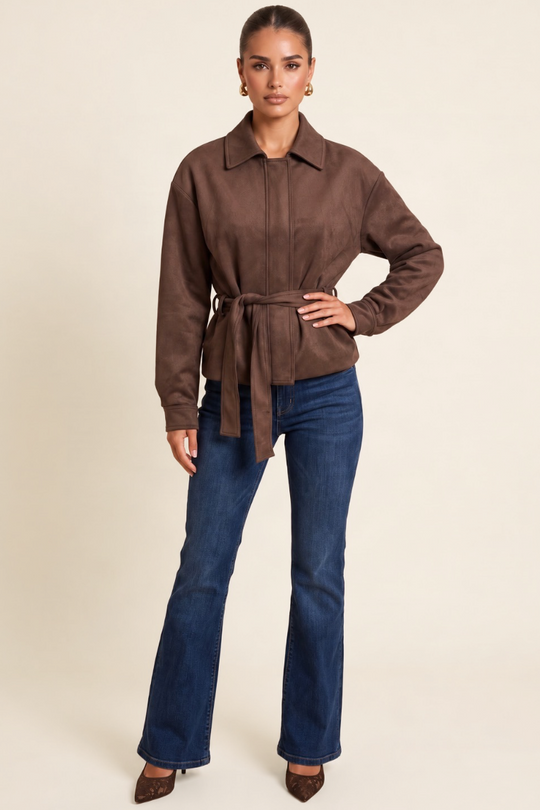 Chocolate Faux Suede Belted Jacket - Louise
