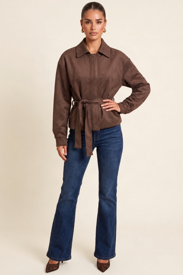 Chocolate Faux Suede Belted Jacket - Louise