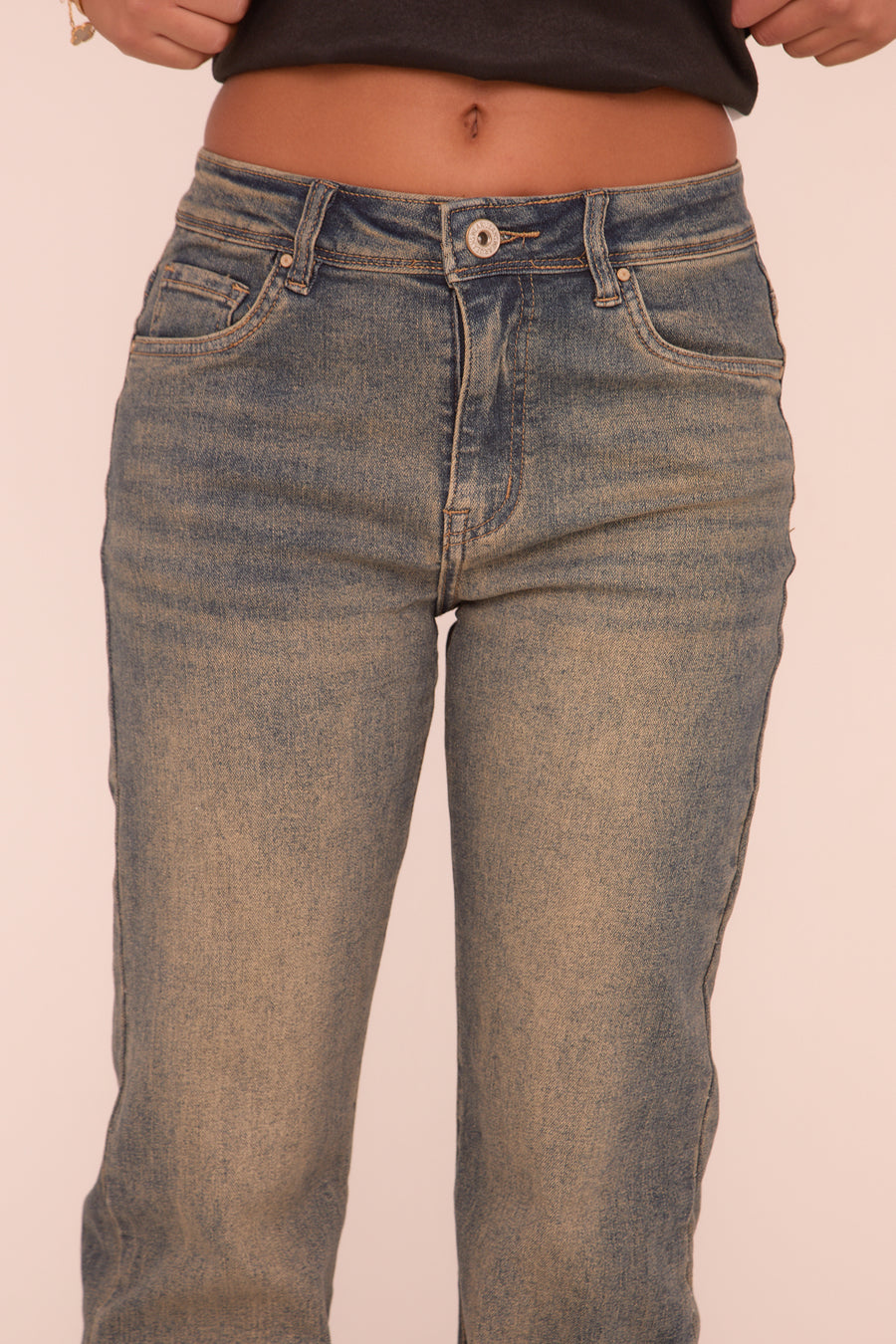 Mid Blue Washed Stretch Mid Waist Straight Leg Denim Jeans - Maddison