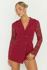 Wine Lace Sleeve Tailored Blazer Playsuit - Maisee