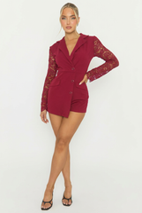 Wine Lace Sleeve Tailored Blazer Playsuit - Maisee