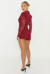 Wine Lace Sleeve Tailored Blazer Playsuit - Maisee