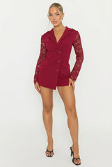 Wine Lace Sleeve Tailored Blazer Playsuit - Maisee