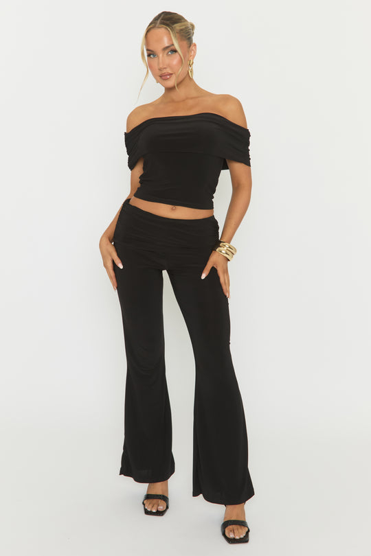 Black Bardot Top and Fold Over Waistband Trousers Co-ord Set - Jeelan