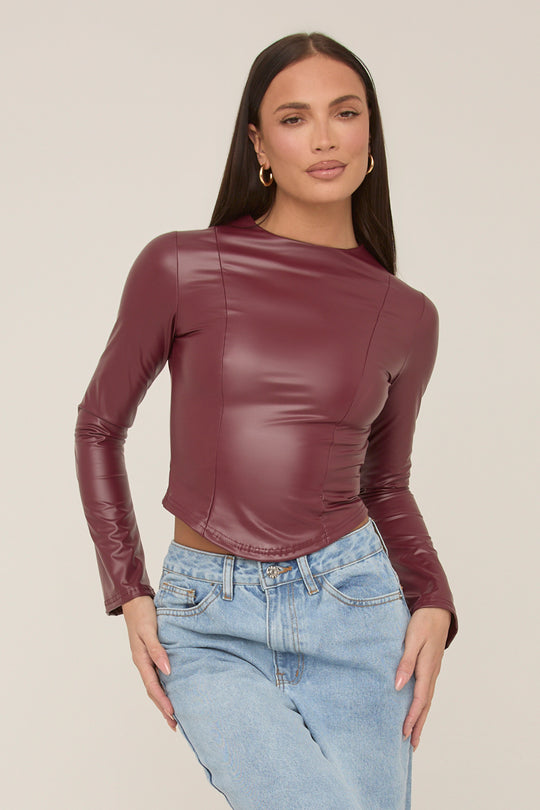 Wine Faux Leather Long Sleeve Top - Storm
