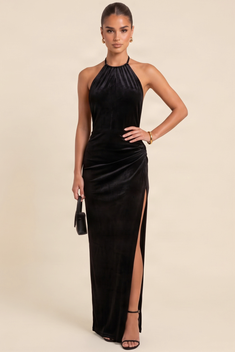 Black Velvet Strappy Maxi Dress - Crystal