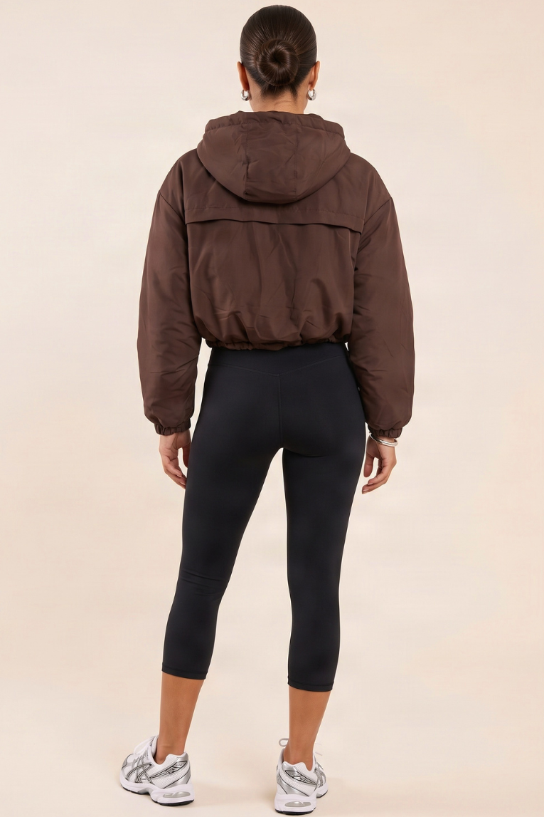 Chocolate Hooded Toggle Cropped Puffer Jacket - Lenny