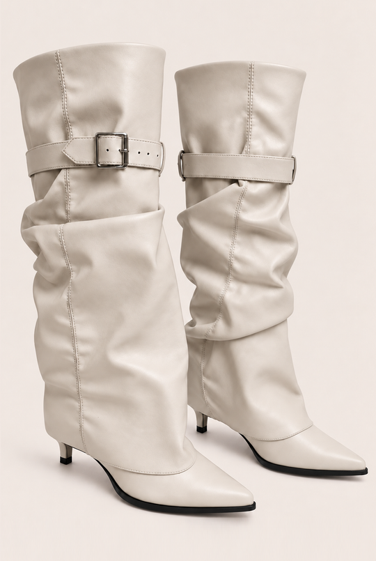 White Faux Leather Layered Slouchy Knee High Boots - Jordan