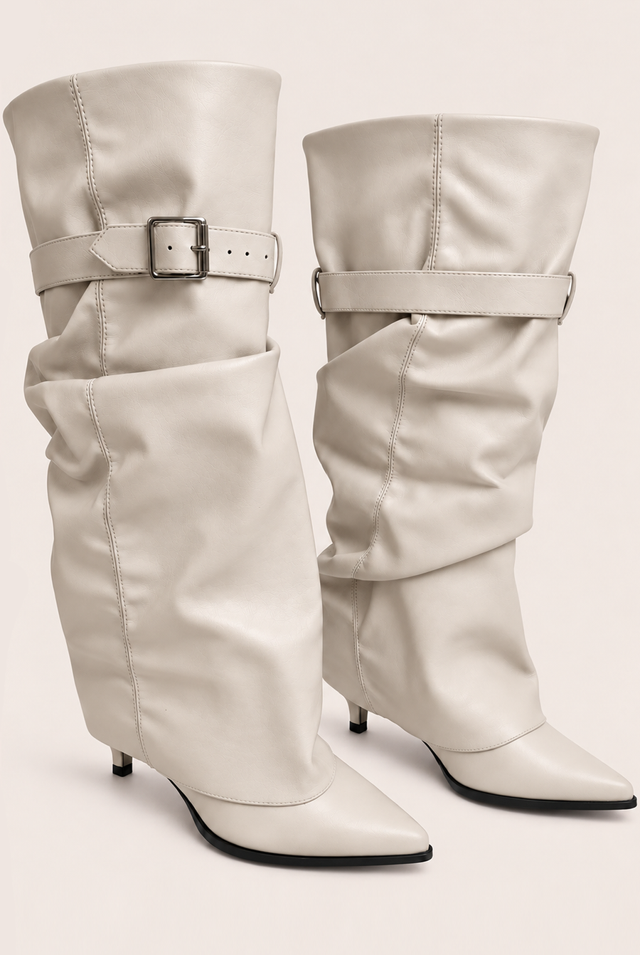 White Faux Leather Layered Slouchy Knee High Boots - Jordan