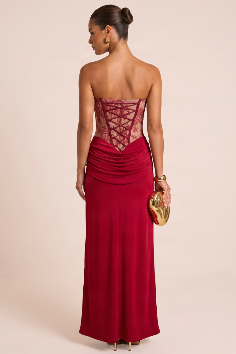 Wine Corset Bandeau Lace Detail Maxi Dress - Andie