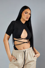 Black Ruched Cutout High Neck Bodysuit - Lakin