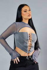 Grey Lace Up Mesh Sleeve Corset Top - Lavya