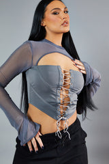 Grey Lace Up Mesh Sleeve Corset Top - Lavya