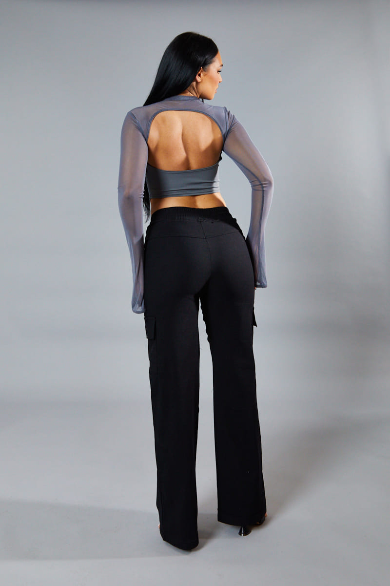 Grey Lace Up Mesh Sleeve Corset Top - Lavya