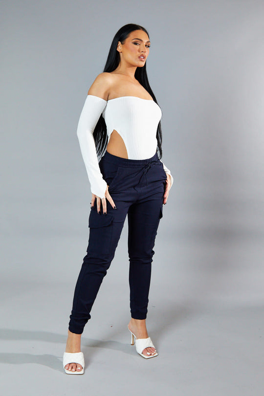 Navy Cuffed Hem Cargo Trousers - Rain