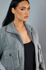 Grey Cargo Pocket Sweatshirt Jacket - Ovella