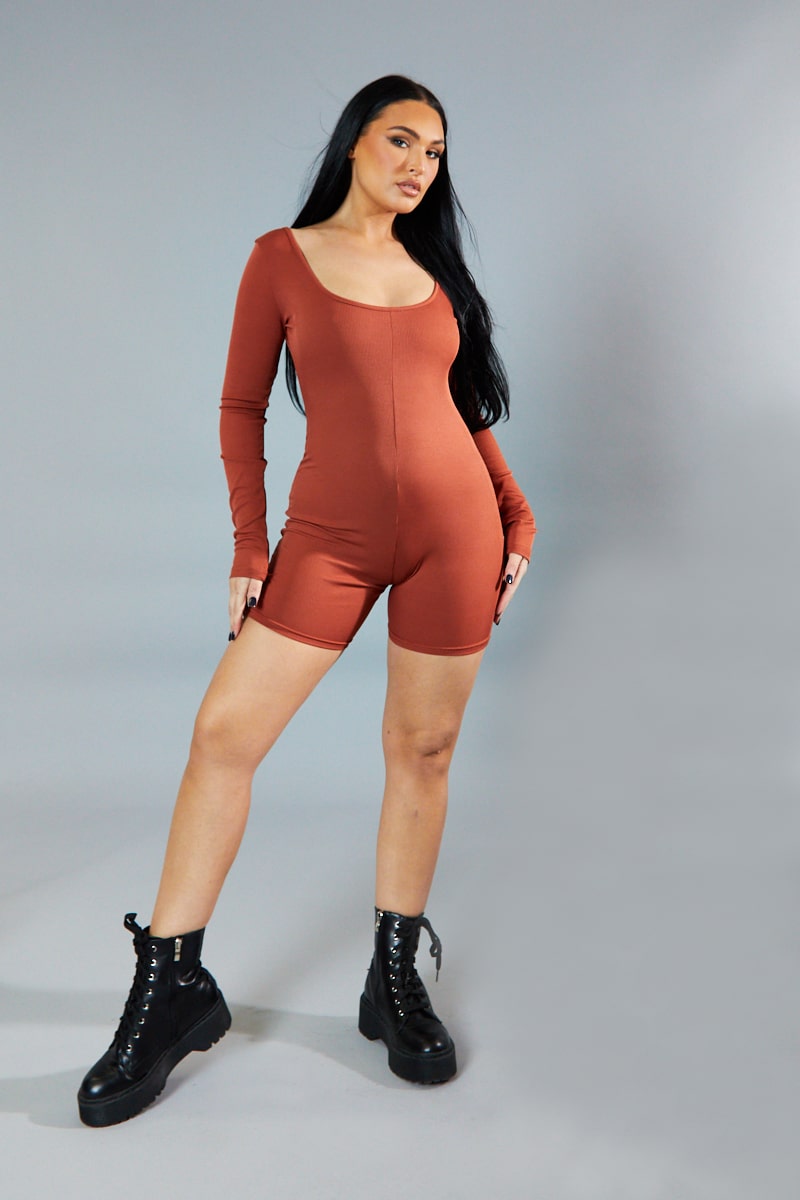Rust Rib Knit Scoop Neck Unitard - Roohi