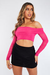 Hot Pink Mesh Bardot Crop Top - Cece
