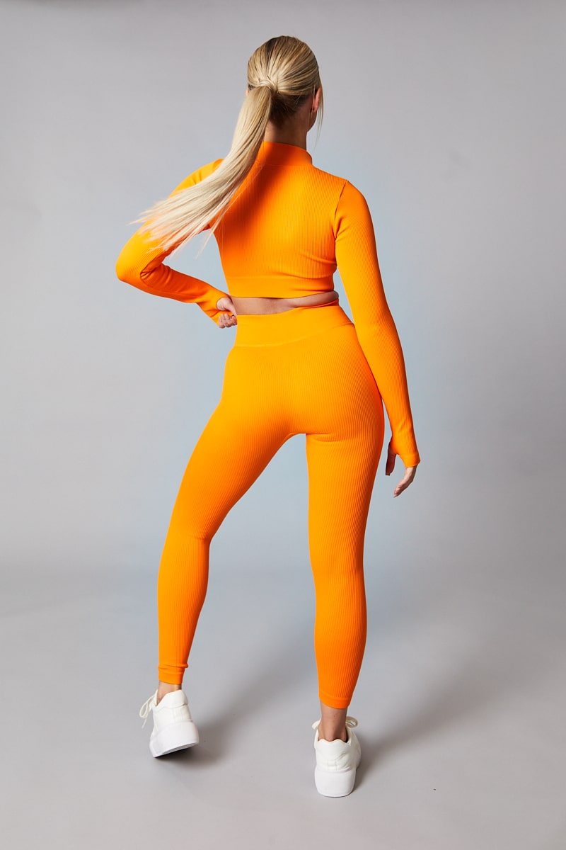Orange Rib Knit Zip Front Crop Top & Leggings Set - Nico