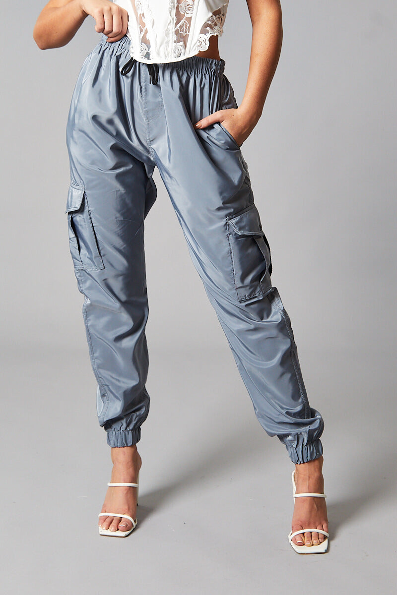 Grey Cuffed Hem Shell Cargo Joggers - Iris