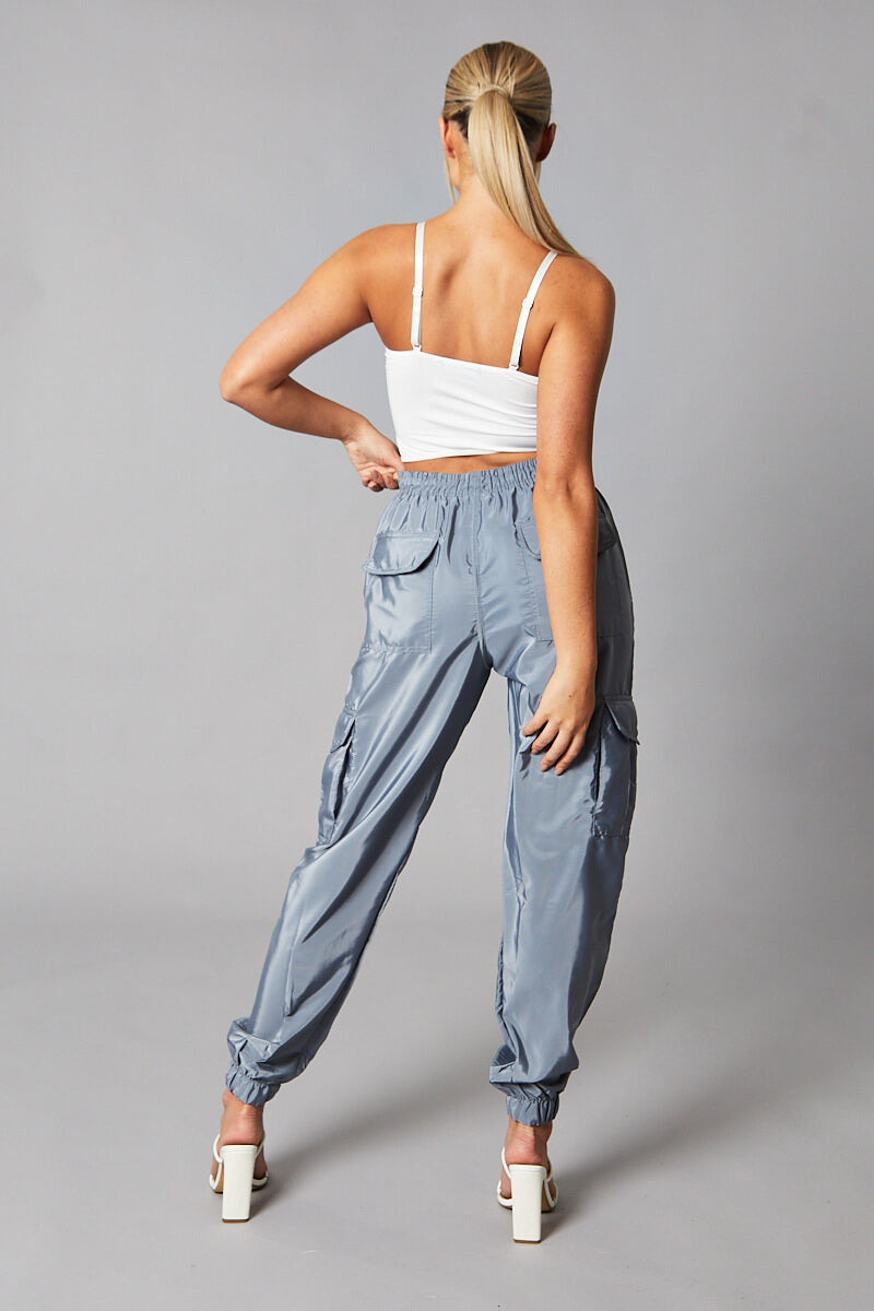 Grey Cuffed Hem Shell Cargo Joggers - Iris