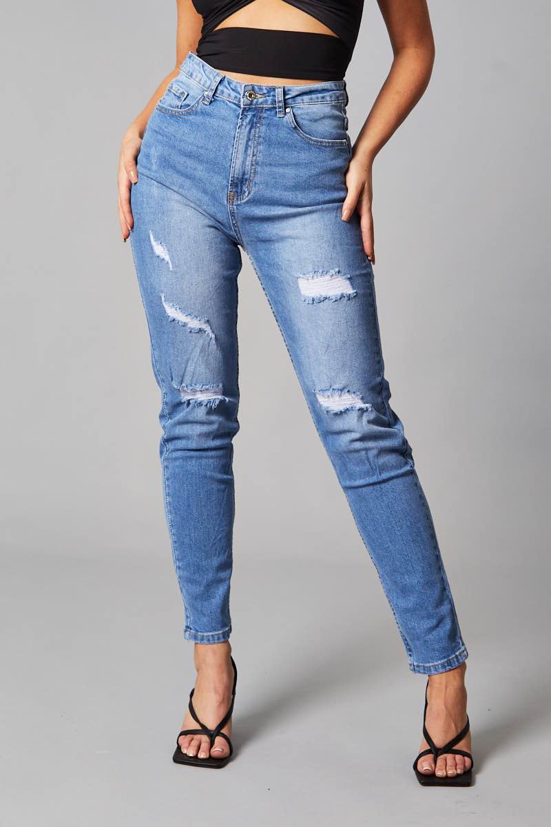 Mid Blue Distressed Straight Jeans - Atria