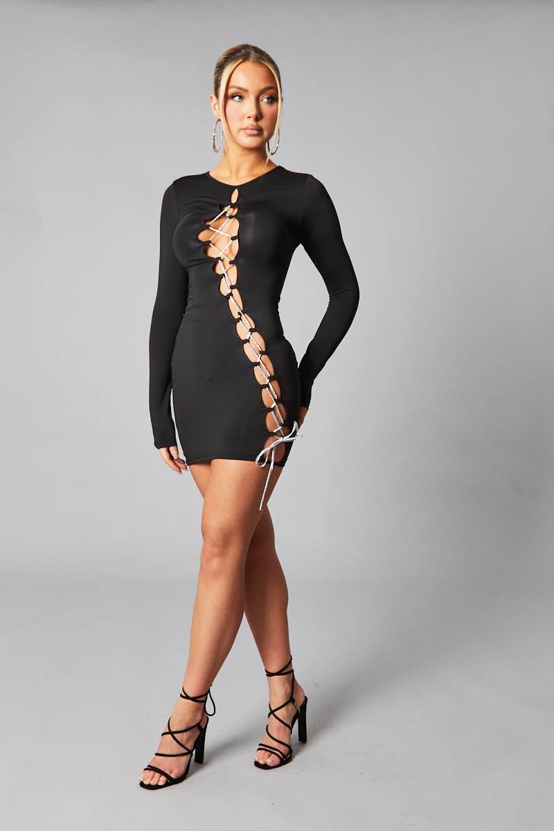 Black Lace Up Detail Long Sleeve Bodycon Mini Dress | Dress | Rebellious Fashion Black Lace Up Detail Long Sleeve Bodycon Mini Dress | Dress | Rebellious Fashion