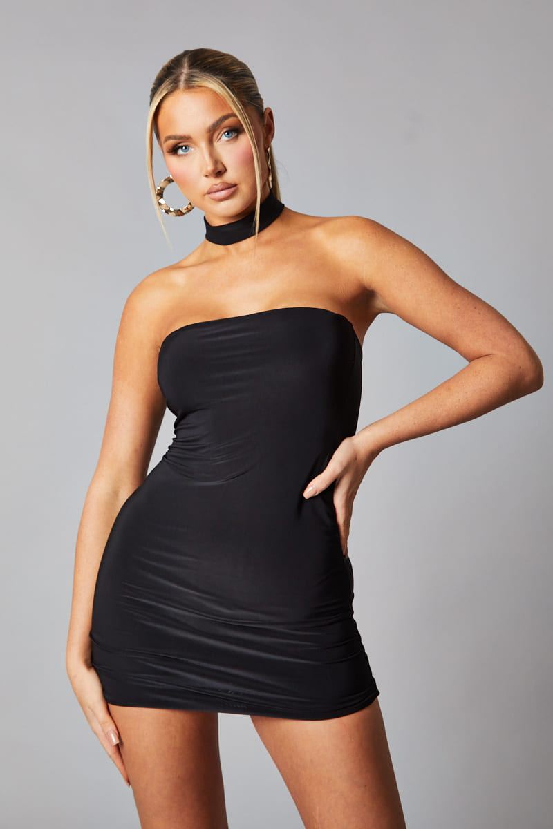 Black Bandeau Choker Neck Bodycon Dress - Zayla