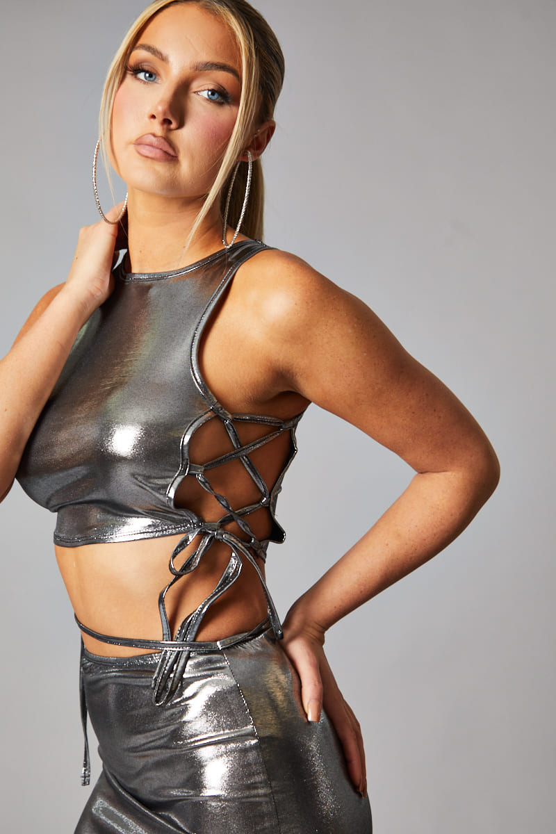 Silver Metallic Lace Up Detail Cropped Top & Mini skirt Set -- Mizuki