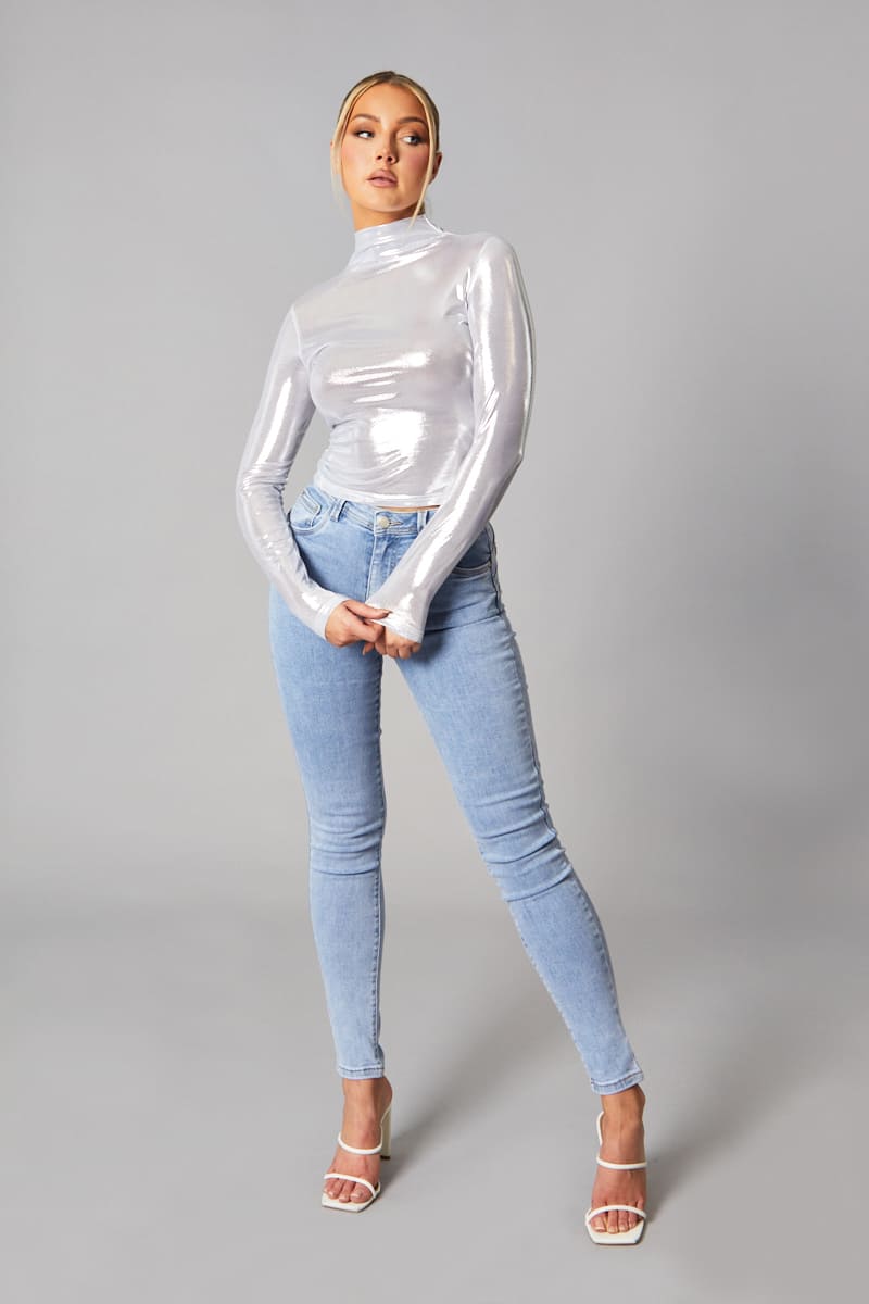 Silver Metallic High Neck Long sleeve Top - Maho