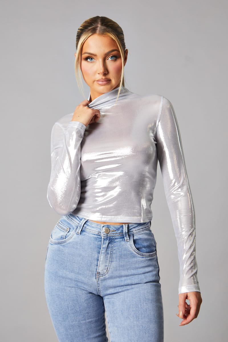Silver Metallic High Neck Long sleeve Top - Maho
