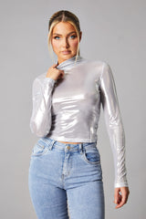Silver Metallic High Neck Long sleeve Top - Maho