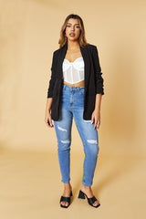 Black Ruched Sleeves Longline Blazer - Emica