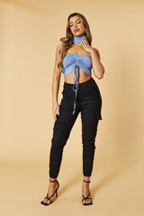 Blue Front Ruched Choker Neck Cropped Top - Nara