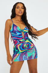 Multi Marble Print Knot Cut Out Detail Mini Dress - Ruby