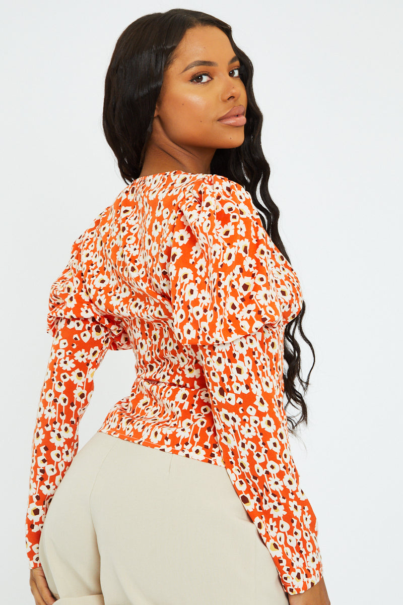 Orange Floral Print Puff Sleeve Top - Zoey