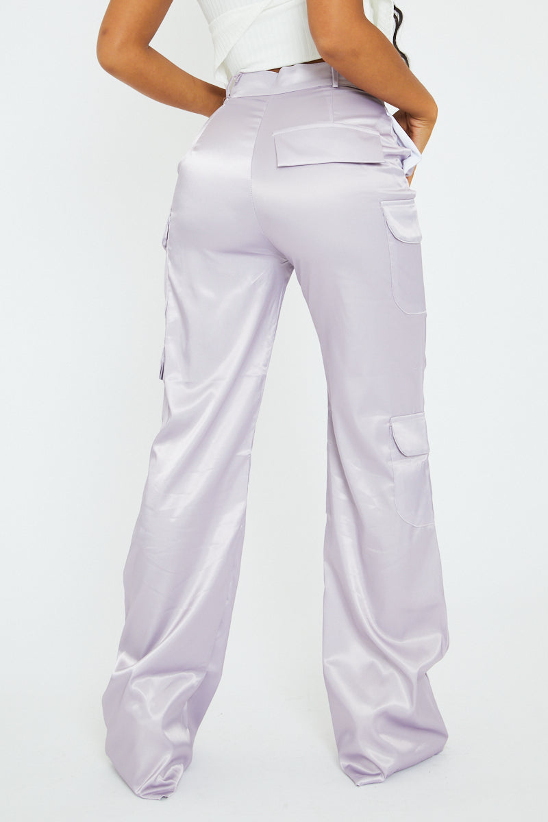 Lilac Satin Straight Leg Cargo Trousers - Harlyn