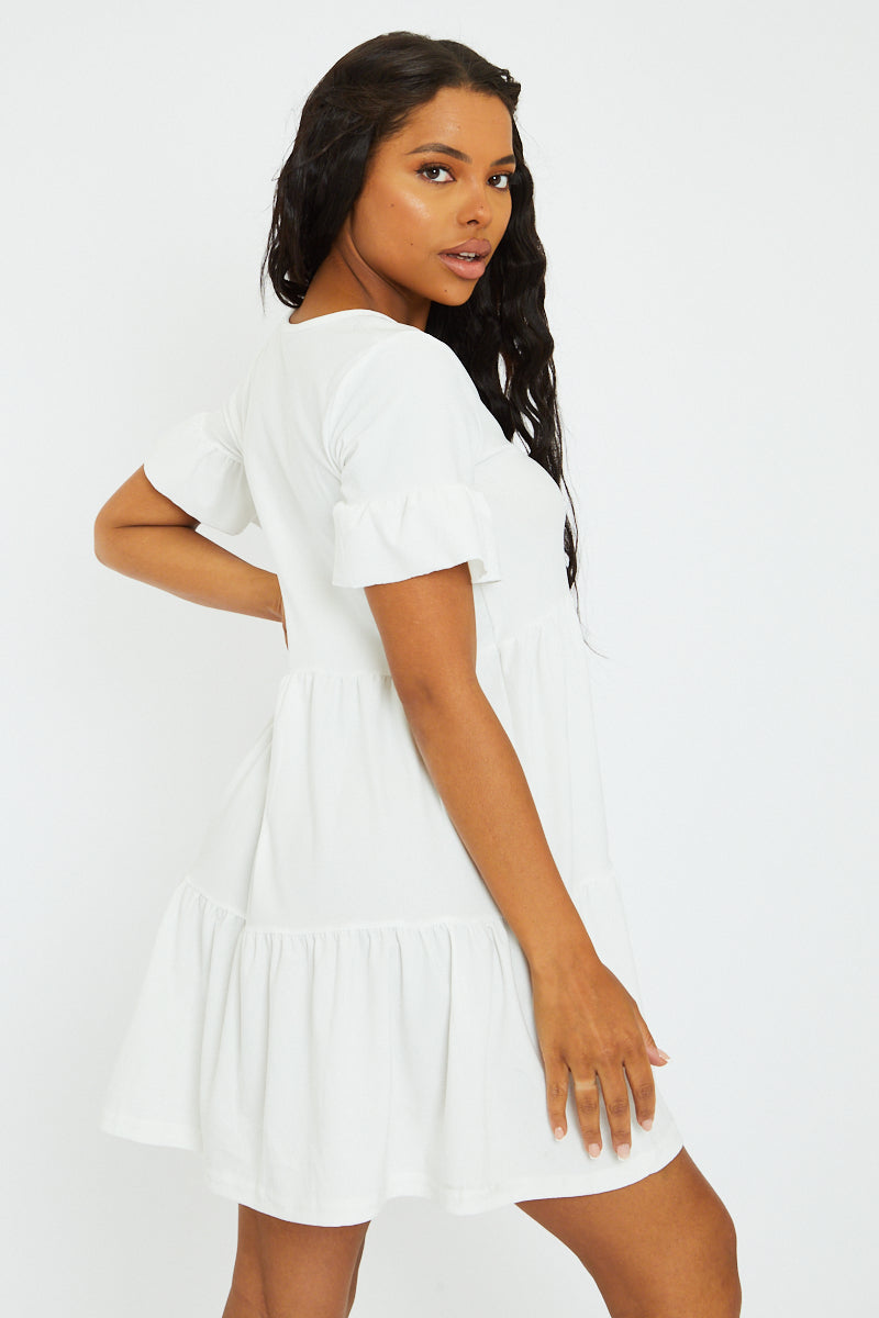 White Frill Smock Dress - Ruth